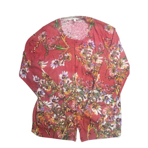 Women’s Red Floral Cardigan Large Lightweight Button Front Casual Cottagecore - Picture 1 of 7